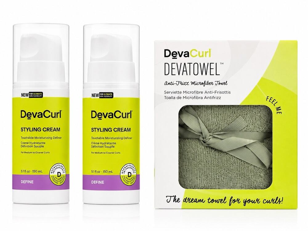 2 DevaCurl Styling Cream 5.1 fl oz 150ml + Devatowel Microfiber Towel Set